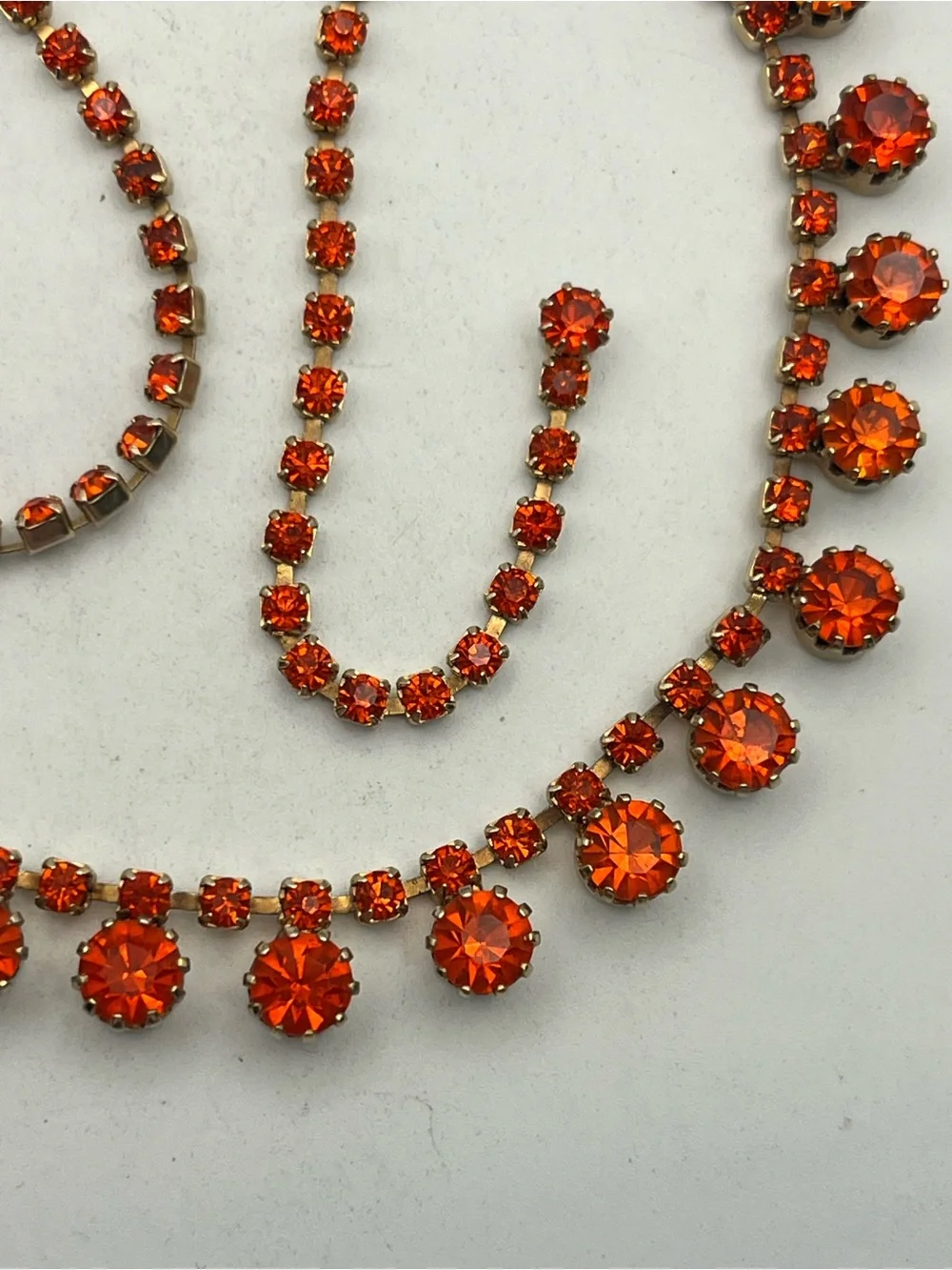 Orange rhinestone tennis necklace gold tone vintage sparkly